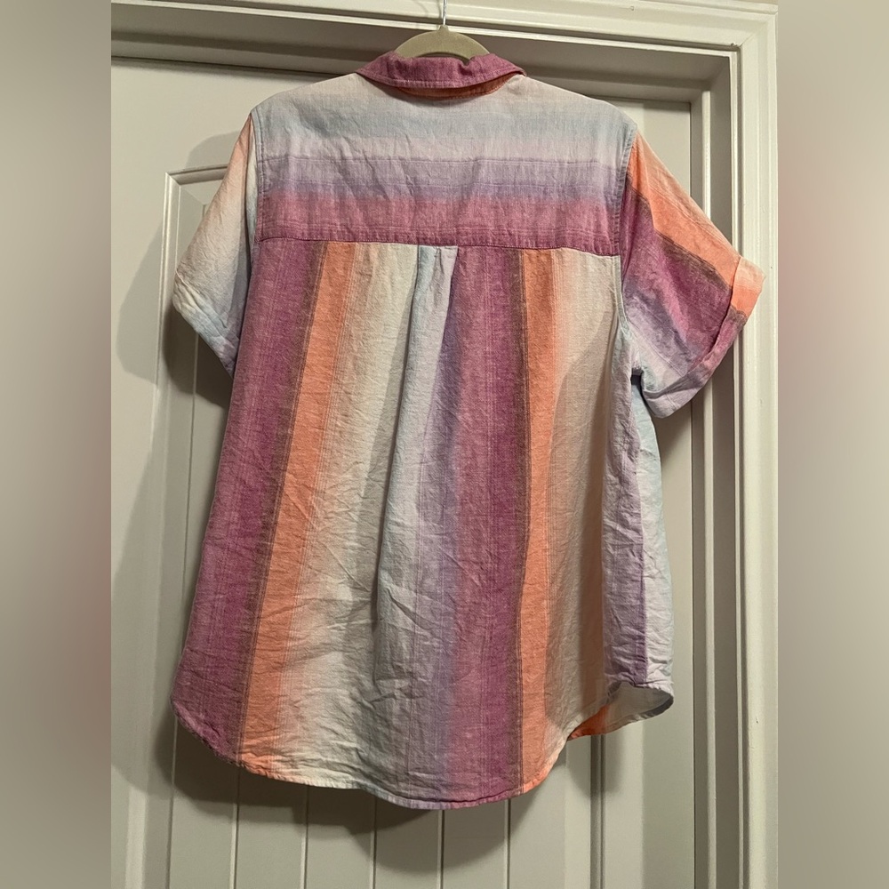 Terra & Sky Plus 0X (14W) Linen Cotton Blend Multicolor Stripe Button Front Top - Picture 6 of 11